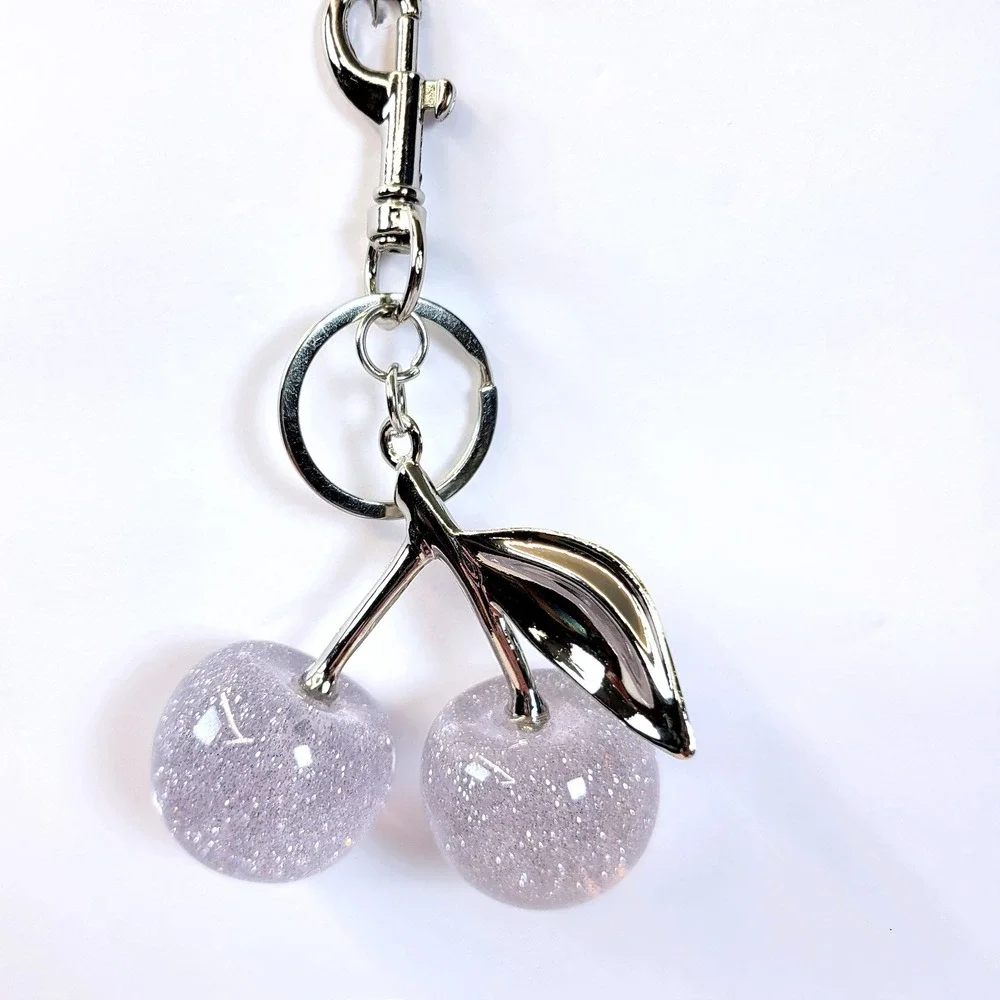 Bag Charm Keychain Glitter Resin Double Cherry Silver Womens Blossom Fairycore